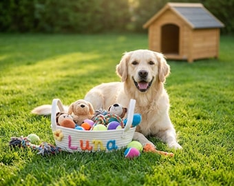 Personalized Pet Toy Basket with Custom Name, Handmade Cotton Rope Storage Bin, Custom Dog Cat Toy Organizer, Personalized Pet Gift,Dog Gift