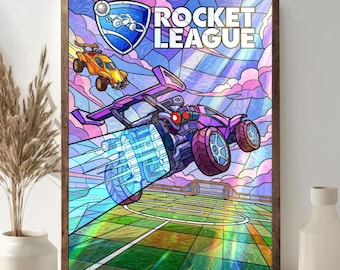 Rocket League målat glasposter, Soccer Arena väggkonst, oramad speldekor