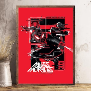 May include: Framed poster of Spider-Man in a dynamic pose against a red backdrop. The artwork is mainly black and white, with red accents. The text "SPIDER-MAN" and "MILES MORALES" are clearly visible, adding to the comic book theme.