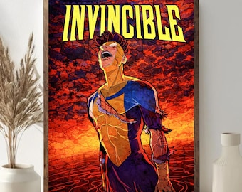 Invincible Fiery Landscape Poster, Mark Grayson Comic Wall Art, Unframed Superhero Decor