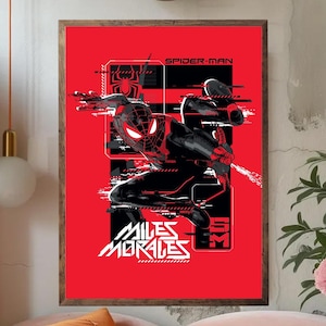 May include: A framed poster featuring Miles Morales as Spider-Man. The artwork is set against a vibrant red background, with the character rendered in black and red. The poster includes the text "SPIDER-MAN" and "MILES MORALES".