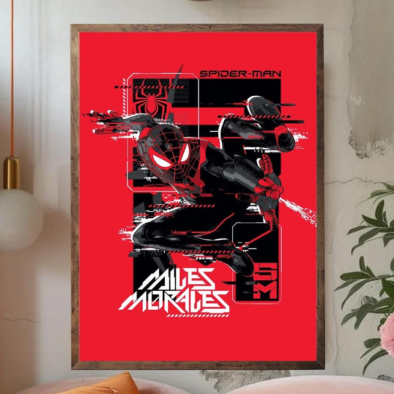 May include: A framed poster featuring Miles Morales as Spider-Man. The artwork is set against a vibrant red background, with the character rendered in black and red. The poster includes the text "SPIDER-MAN" and "MILES MORALES".