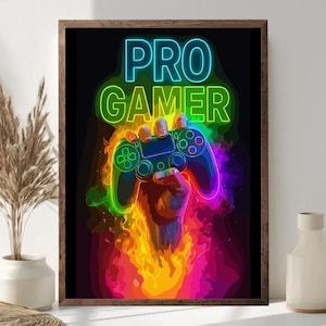 Pro Gamer Controller Neon Väggkonst Poster, Cyberpunk Gaming Dekor, oramat Tryck