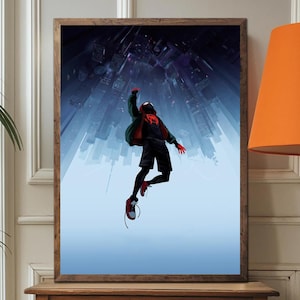 May include: A framed art print featuring a superhero in a black and red suit, leaping against a backdrop of a futuristic cityscape. The artwork has a dynamic composition with a cool color palette, and is set in a wooden frame.