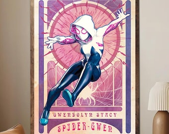 Póster de héroe inspirado en Spyer Gwen sin marco, arte de pared de cómic genial para adolescentes, decoración moderna de estilo glitch.