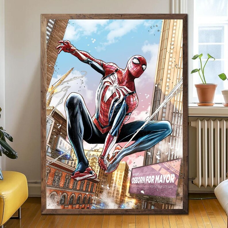 May include: Framed comic art print of Spider-Man in a dynamic pose, set against a cityscape backdrop. The superhero is clad in a red and white suit with black accents, and is shooting a web. The print includes the text "OSBORN FOR MAYOR".
