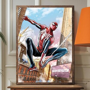 May include: Framed comic art print of Spider-Man in a dynamic pose, set against a cityscape. The superhero is clad in a red and blue suit, with a white spider emblem. The background features skyscrapers and a sign that reads "OSBORN FOR MAYOR".