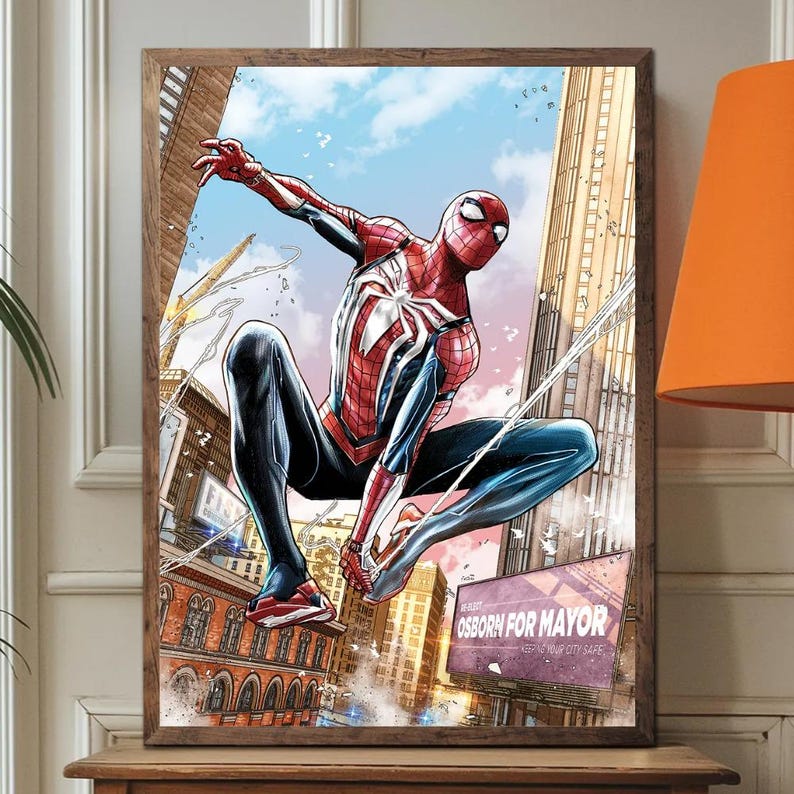 May include: Framed comic art print of Spider-Man in a dynamic pose, set against a cityscape. The superhero is clad in a red and blue suit, with a white spider emblem. The background features skyscrapers and a sign that reads "OSBORN FOR MAYOR".