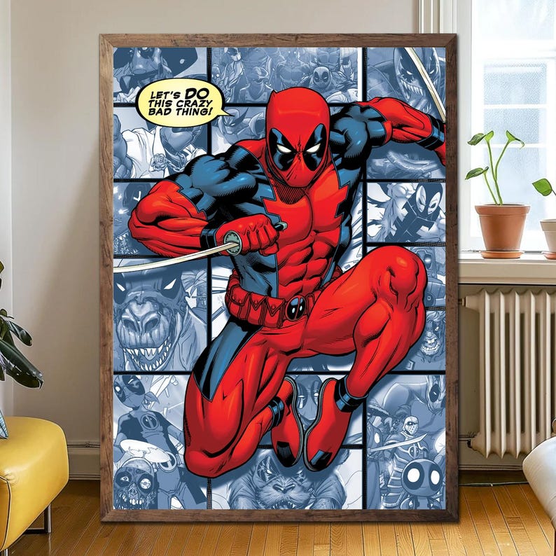 May include: A framed comic book art print featuring Deadpool in a dynamic pose, clad in a red and black suit, holding a sword. The background is a collage of comic panels in shades of blue. Text in a speech bubble reads, "LET'S DO THIS CRAZY BAD THING!"