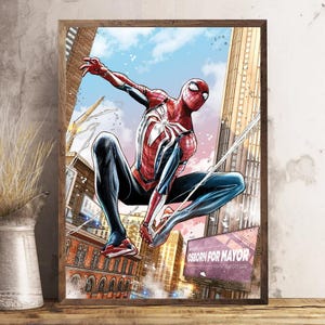 May include: A framed comic book art print featuring Spider-Man in a dynamic pose, clad in a red and white suit with black accents. The background shows city buildings and a sign that reads "OSBORN FOR MAYOR".