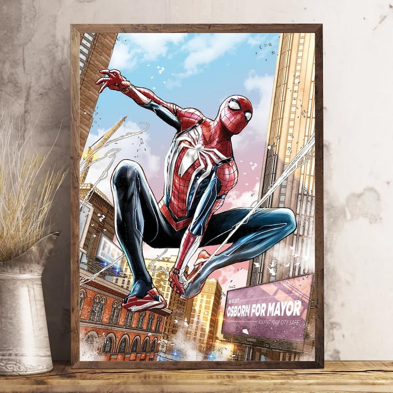May include: A framed comic book art print featuring Spider-Man in a dynamic pose, clad in a red and white suit with black accents. The background shows city buildings and a sign that reads "OSBORN FOR MAYOR".
