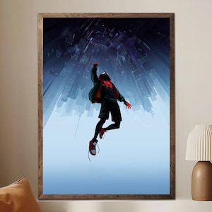May include: Framed art print featuring a superhero in a black and red suit, mid-air against a backdrop of a cityscape. The artwork has a dynamic perspective, with the city buildings extending upwards. The color palette includes shades of blue, red, and black.