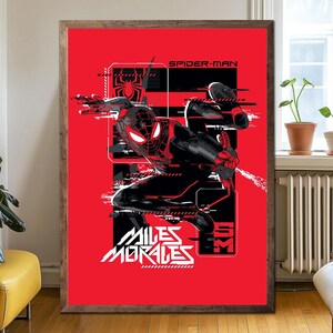 May include: Framed poster with a red backdrop, depicting Spider-Man in a dynamic pose. The artwork uses a black and red colour scheme, with the words "SPIDER-MAN" and "MILES MORALES" in white. The image has a modern, graphic design style.