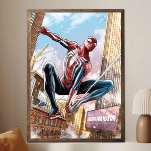May include: Framed artwork featuring Spider-Man in a dynamic pose, set against a cityscape backdrop. The superhero is clad in a red and white suit with black accents, mid-action. The artwork is in a wooden frame, with a sign that reads "Osborn for Mayor".