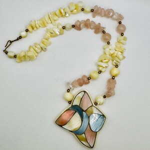 Vintage Lee Sands Shell Inlay Rose Quartz Necklace with Mother of Pearl Gorgeous Hawaiian vibe