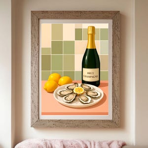 Décoration murale huîtres et champagne - Décoration de cuisine côtière - Imprimé bar à huîtres citronné - Enseigne murale élégante pour gourmets - Article physique