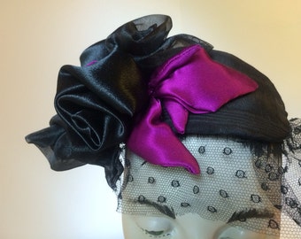 Headpiece with Veil and Black Roses, Fascinator Black and Magenta silk