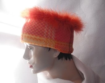 HAT Plaid Fleece Band with Feathers tangerine tango