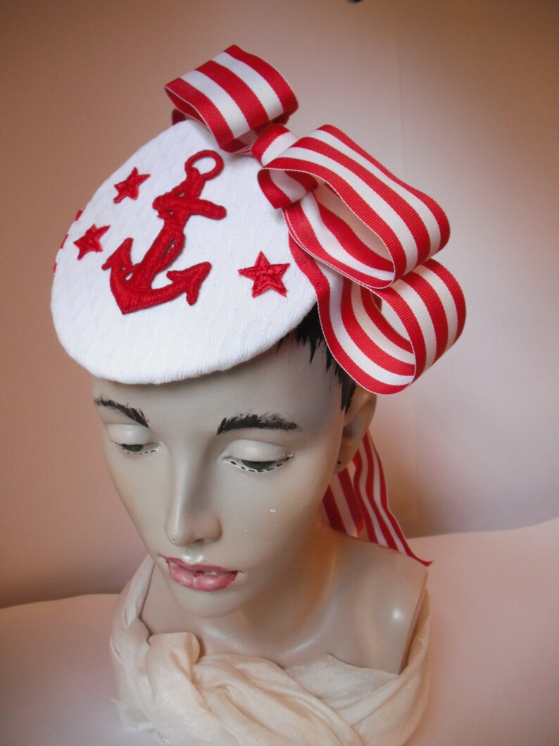 White Pique SAILOR Hat with Red Anchor applique. Etsy