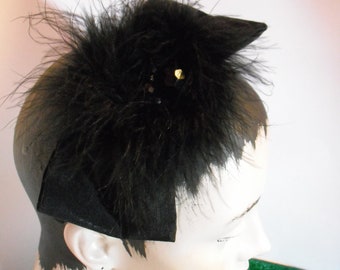 Black Bow Headband with Maribou and Beads
