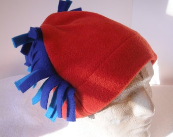 Burnt Orange Fleece  Warm Hat, Turquoise and Royal side Fringed Hat, Winter Hat. Boys Rocket hat.