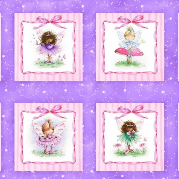 Fairy Garden Quilt Panel by Nicola Mason for StudioE, 8 whimsical ballerina fairies in multi-colored tutus