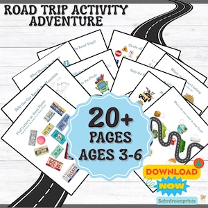 May include: A set of printable road trip activity pages for children aged 3-6. The design includes a road graphic and various activity sheets with illustrations and text. Includes the text "20+ PAGES" and "DOWNLOAD NOW".