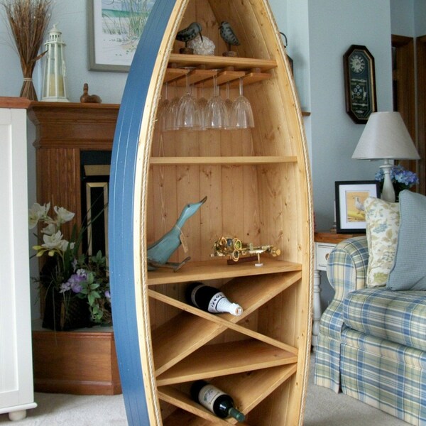 6 Ft Boat Wine Rack Glass Holder bookcase shelf canoe Hand crafted Knotty Pine bookshelf nautical furniture