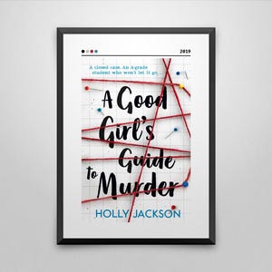 以下が含まれることがあります： ホリー・ジャクソン著「A Good Girl's Guide to Murder」の表紙。表紙には、白いグリッドの背景に赤い糸とプッシュピンが描かれている。