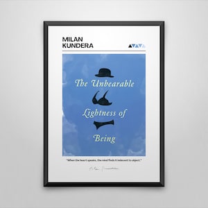 May include: A poster with a blue background featuring the title "The Unbearable Lightness of Being" by Milan Kundera. The poster features a silhouette of a man wearing a hat.