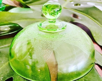 Lid - Vintage Georgian, Green Uranium Glass Butter Dish Lid from Federal Glass