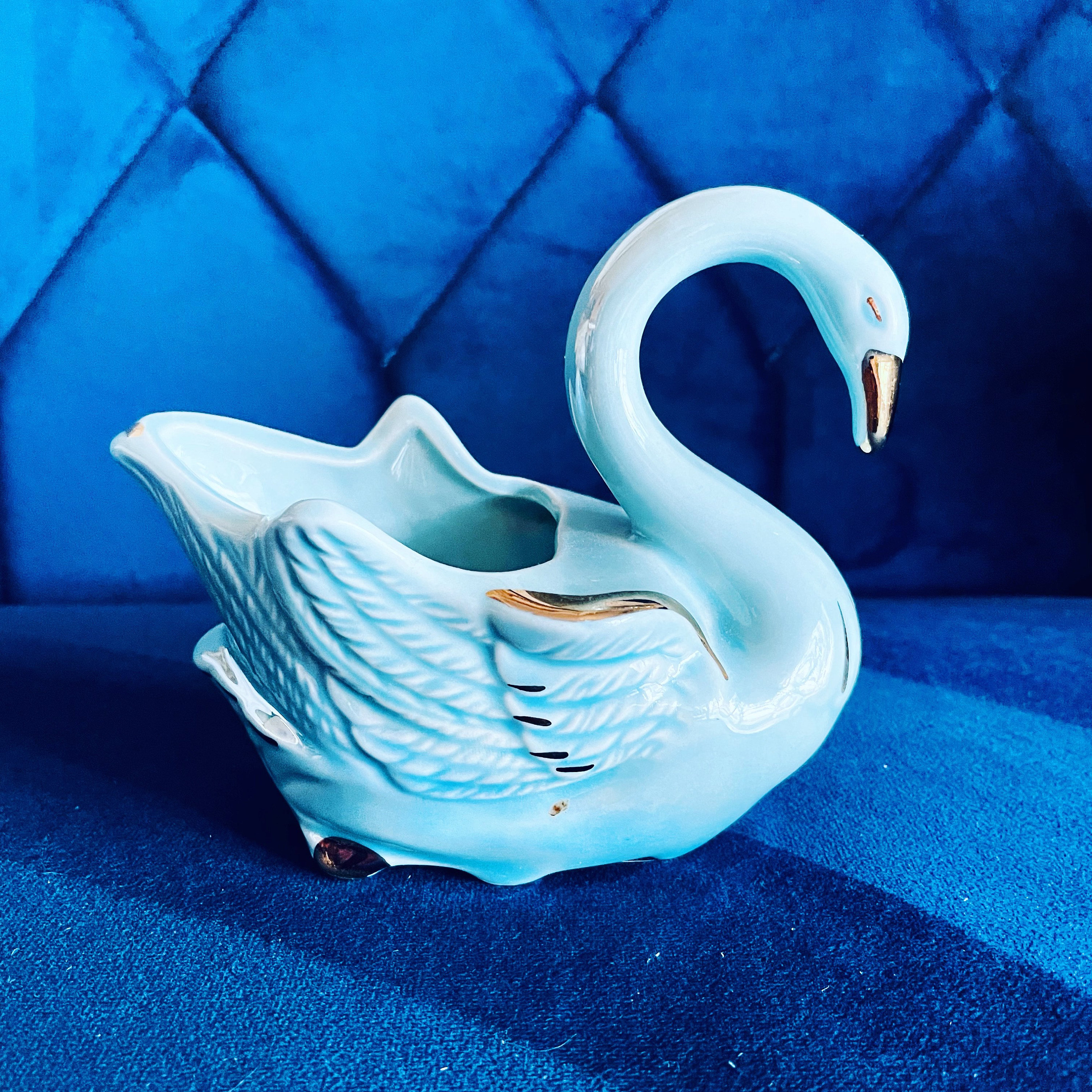 Swan - Vintage Royal Copley Blue & Gold Lustreware Swan Planter
