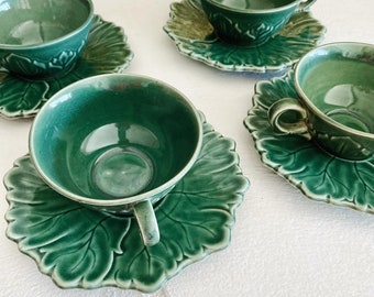 Cups and Saucers - Vintage Cabbage Leaf Small Plates with Matching Tea Cups, Set of 4, Woodfield Dark Green (Tropic) by Steubenville