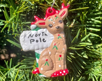 Ornament - Vintage Ceramic Reindeer with North Pole Sign, Hand Painted