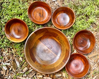 Bowls - Vintage Set of 6 Walnut Wood Salad Bowls