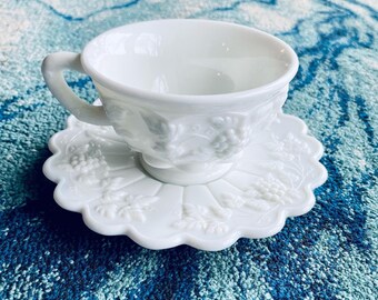 Tea Cup and Saucer- Vintage Milk Glass with Grape Leaf Design from Westmoreland
