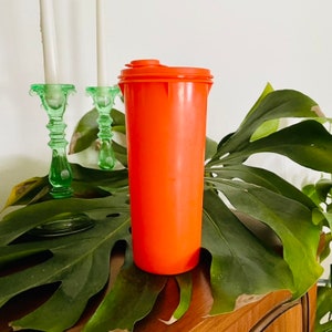 May include: A bright orange plastic pitcher with a lid. The pitcher is sitting on a wooden surface with a green leaf in the background.