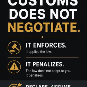 Puede incluir: Cartel negro y dorado con el texto "CUSTOMS DOES NOT NEGOTIATE." Texto adicional incluye "IT ENFORCES," "IT PENALIZES," y "DECLARE. ASSUME. TAKE RESPONSIBILITY." El cartel tambi&eacute;n dice "PROTECT YOUR BUSINESS. KNOW THE RULES. RESPECT THE SYSTEM."