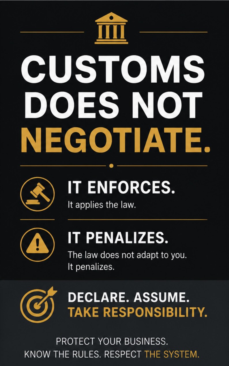 Puede incluir: Cartel negro y dorado con el texto "CUSTOMS DOES NOT NEGOTIATE." Texto adicional incluye "IT ENFORCES," "IT PENALIZES," y "DECLARE. ASSUME. TAKE RESPONSIBILITY." El cartel tambi&eacute;n dice "PROTECT YOUR BUSINESS. KNOW THE RULES. RESPECT THE SYSTEM."