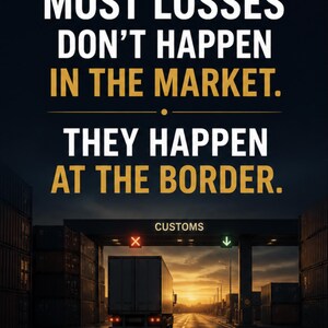 Puede incluir: Imagen con texto que dice: "LA MAYOR&Iacute;A DE LAS P&Eacute;RDIDAS NO OCURREN EN EL MERCADO. OCURREN EN LA FRONTERA". Un cami&oacute;n con remolque pasa por un puesto de aduanas. El texto "ENTIENDA EL SISTEMA ANTES DE IMPORTAR O EXPORTAR" est&aacute; en la parte inferior.