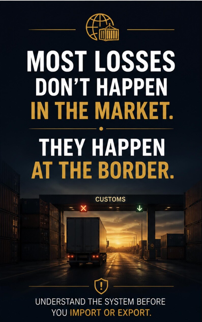 Puede incluir: Imagen con texto que dice: "LA MAYOR&Iacute;A DE LAS P&Eacute;RDIDAS NO OCURREN EN EL MERCADO. OCURREN EN LA FRONTERA". Un cami&oacute;n con remolque pasa por un puesto de aduanas. El texto "ENTIENDA EL SISTEMA ANTES DE IMPORTAR O EXPORTAR" est&aacute; en la parte inferior.