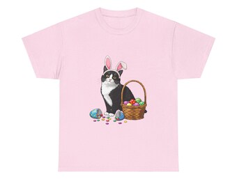 Easter Cat T-Shirt — Tuxedo Cat with Bunny Ears & Easter Basket