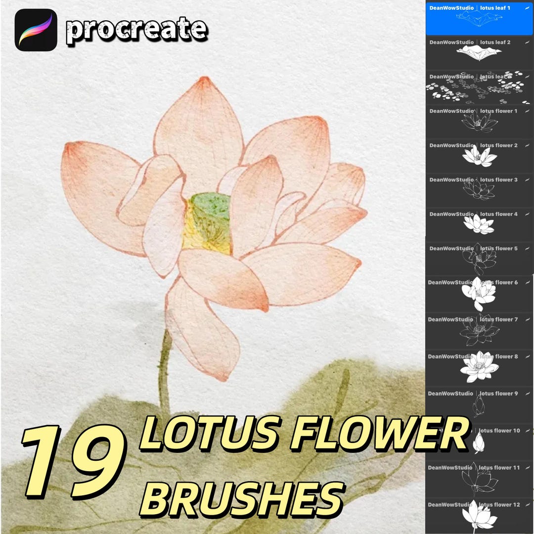 19 Lotus Flower Stamp Brushes for Procreate, Procreate Lotus Flowers ...