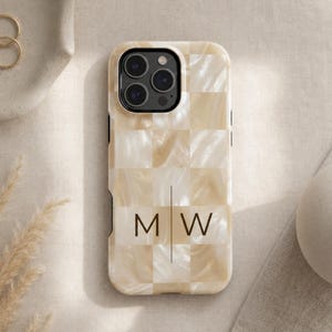 Phone Case Neutral Pearl Checker | Personalized Monogram | Luxury Aesthetic Initial Case | Custom Name Minimal Chic iPhone Case Gift for Her