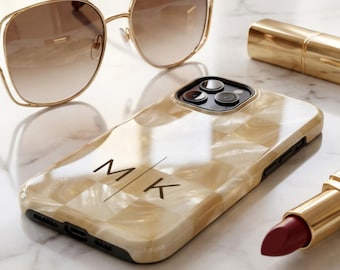 Phone Case Neutral Pearl Checker | Personalized Monogram | Luxury Aesthetic Initial Case | Custom Name Minimal Chic iPhone Case Gift for Her