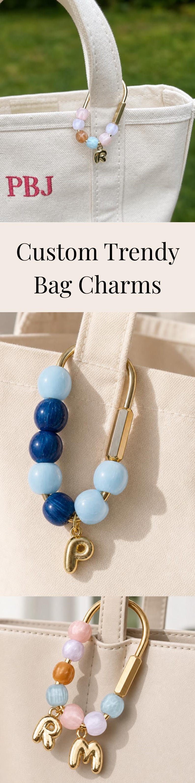 May include: A gold-toned metal carabiner bag charm featuring a variety of colorful beads and a hanging gold letter charm. The accessory is attached to a cream-colored canvas tote bag, which displays the embroidered red letters PBJ on its front.