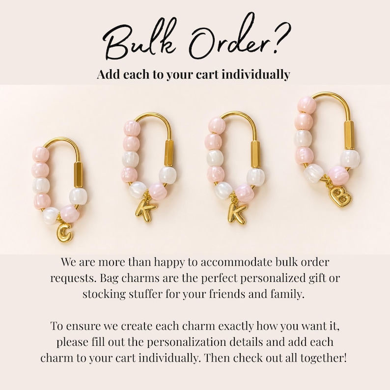 May include: Four gold-toned metal oval bag charms featuring alternating light pink and white beads. Each charm includes a single gold-toned letter pendant, specifically C, K, K, and B. The text Bulk Order? Add each to your cart individually is visible.