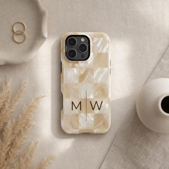 Phone Case Neutral Pearl Checker | Personalized Monogram | Luxury Aesthetic Initial Case | Custom Name Minimal Chic iPhone Case Gift for Her