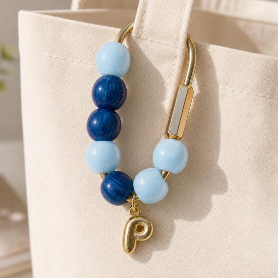 Custom Initials Keychain Gold Clasp Bag Charm with Beads Accessory for Purse Handmade Bag Charm Small Customized Thoughtful Gift for Her