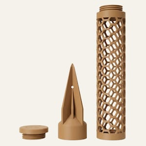 May include: A light brown, three-piece modular object consisting of a small circular threaded cap, a pointed conical base with a central hole, and a tall cylindrical tube featuring a repeating hexagonal honeycomb lattice pattern throughout its body.